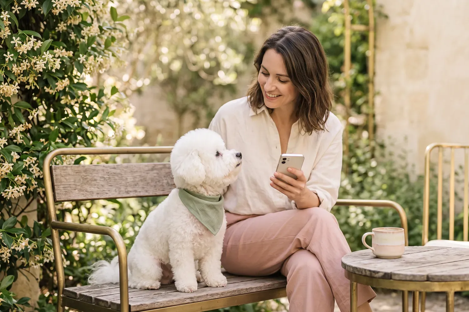 Une propriétaire lit sur son téléphone le bulletin de toilettage de son bichon