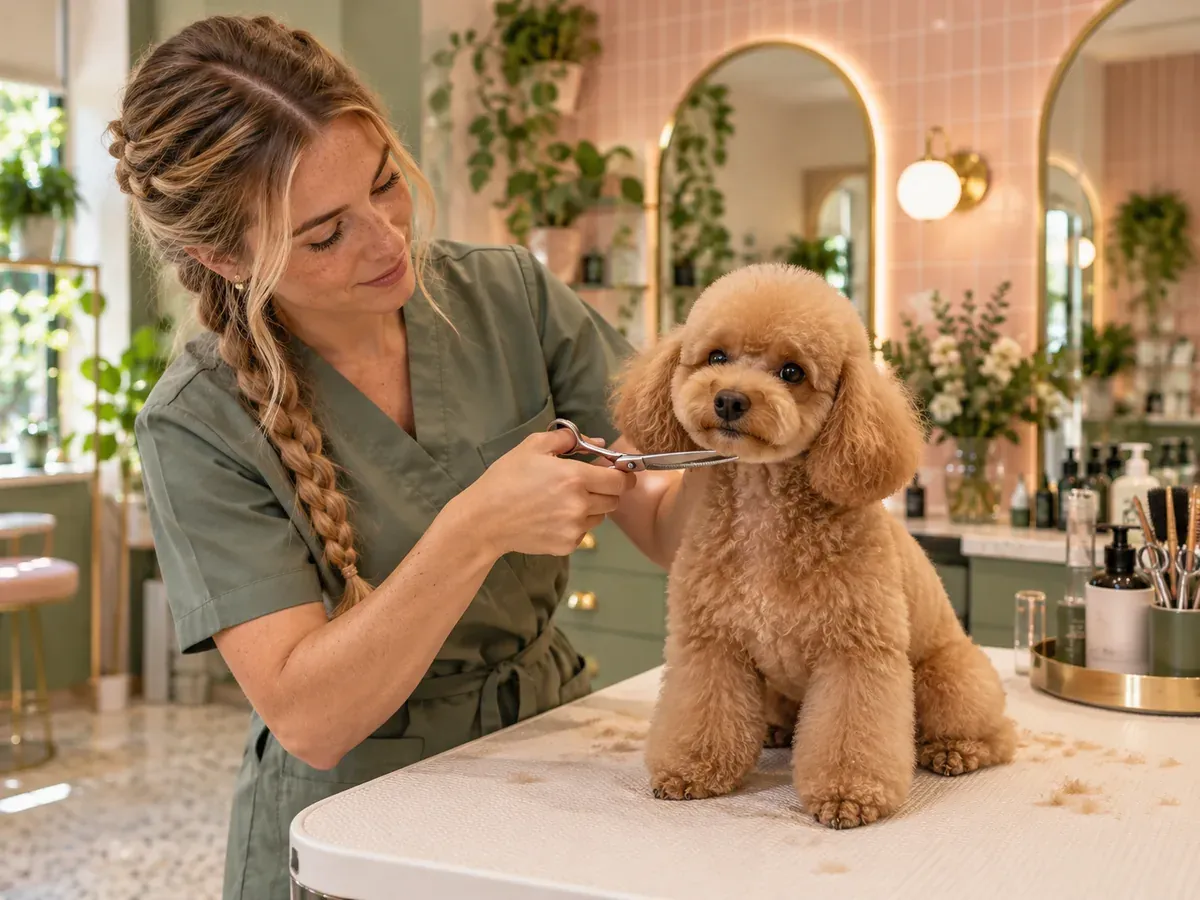 Une toiletteuse coupe aux ciseaux un caniche abricot sur la table de toilettage