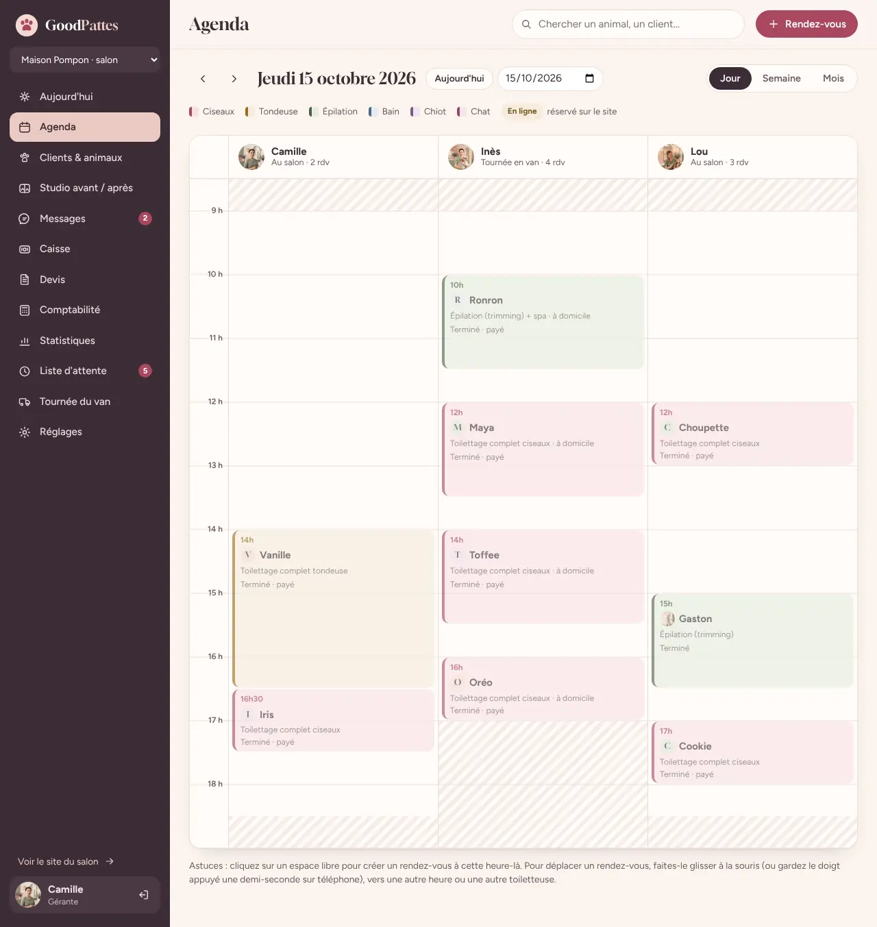 Capture du logiciel GoodPattes : l'agenda du jour avec une colonne par toiletteuse