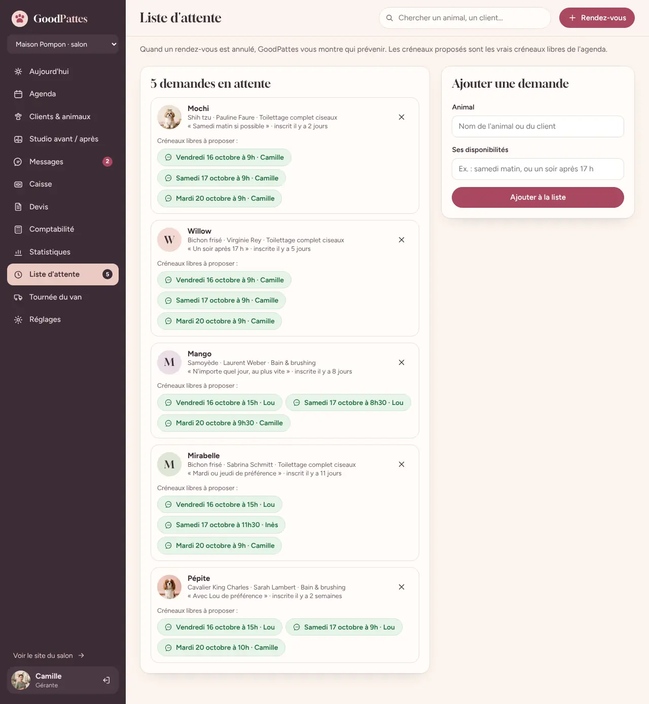 Capture du logiciel GoodPattes : la liste d'attente avec les créneaux libres proposés