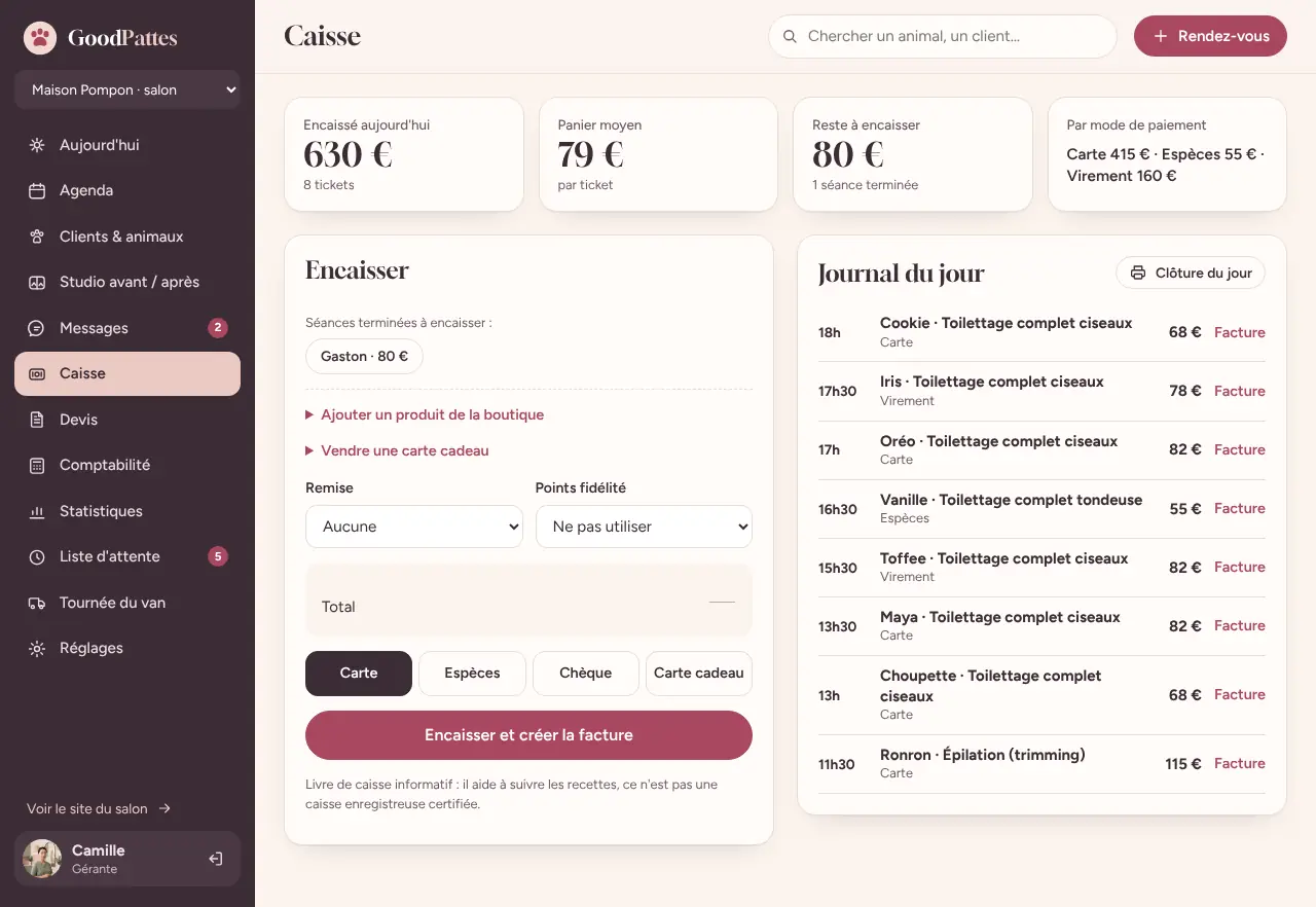 Capture du logiciel GoodPattes : la caisse avec le journal du jour