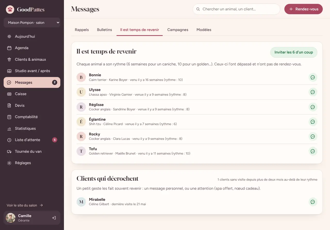Capture du logiciel GoodPattes : la liste « Il est temps de revenir »