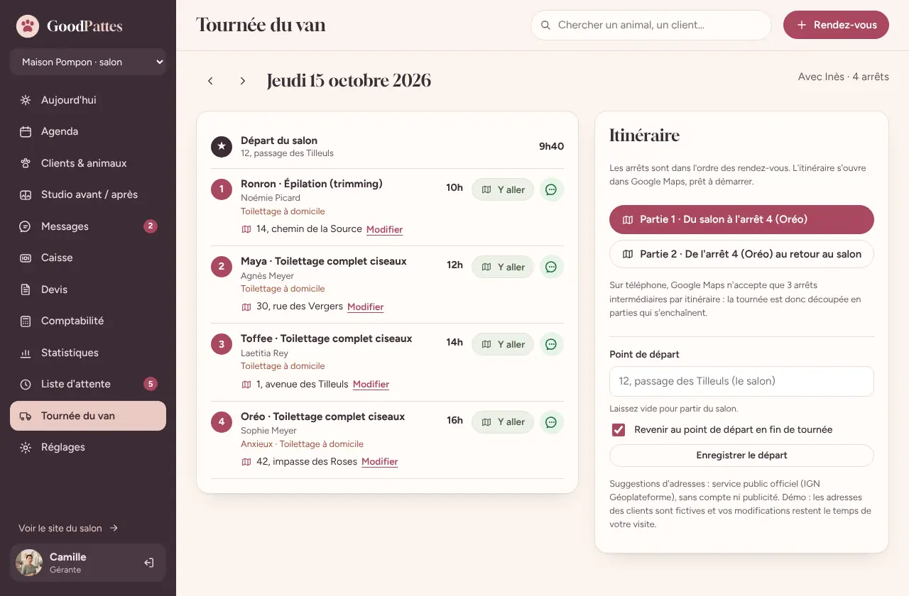 Capture du logiciel GoodPattes : la tournée du van avec les arrêts et l'itinéraire