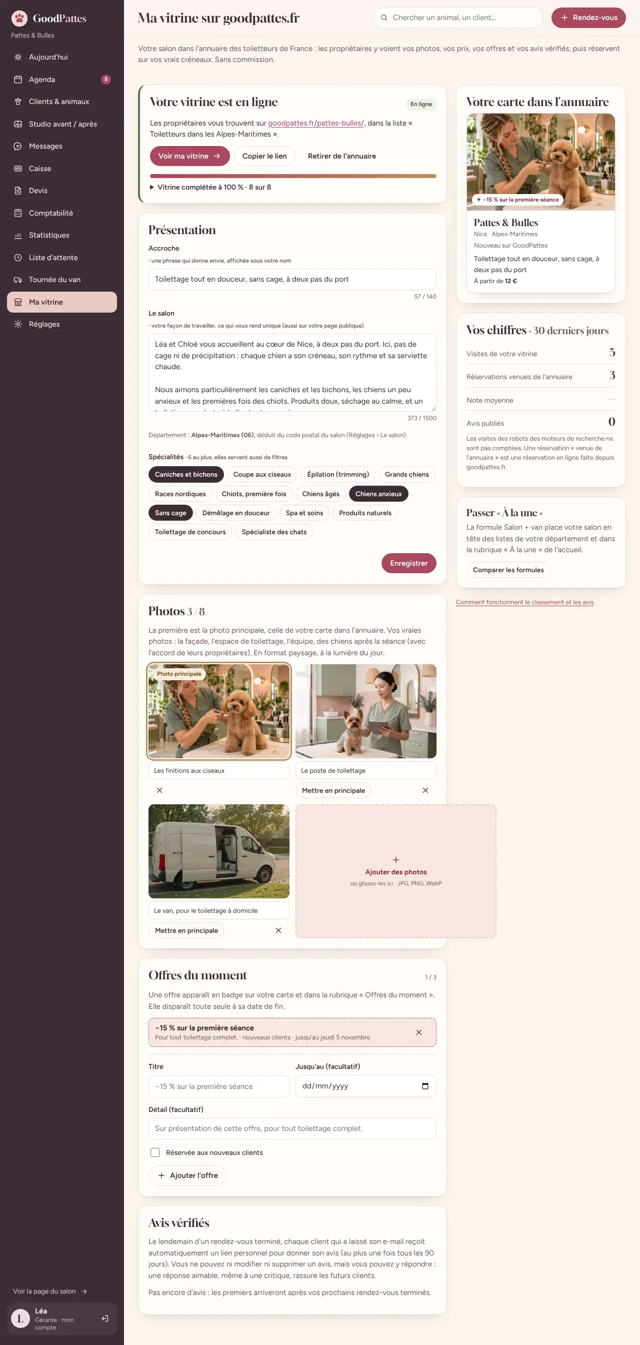 Capture du logiciel GoodPattes : l'écran Ma vitrine : vitrine en ligne, aperçu de la carte dans l'annuaire et chiffres du mois