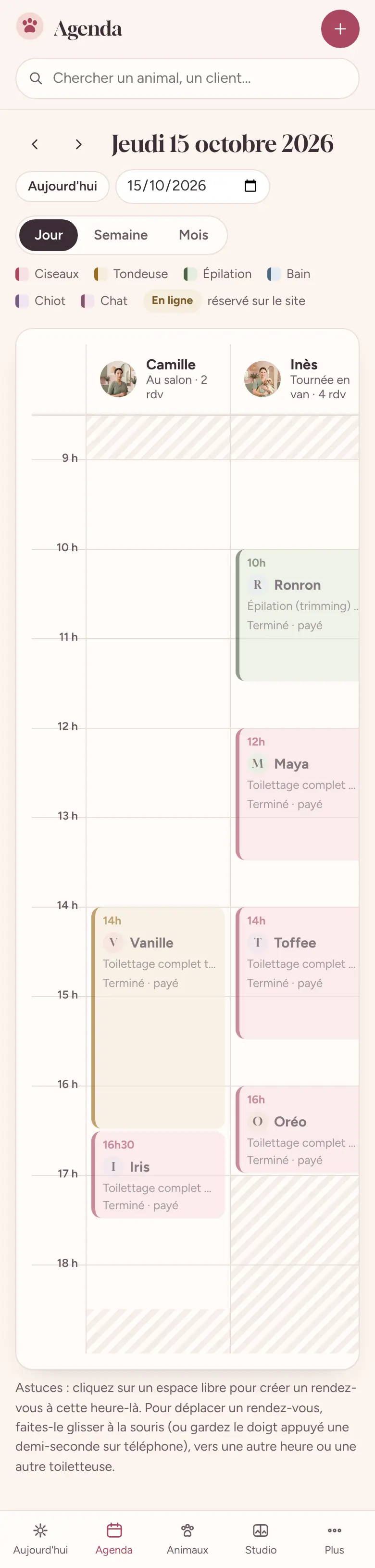Capture de GoodPattes sur téléphone : l'agenda du jour sur téléphone