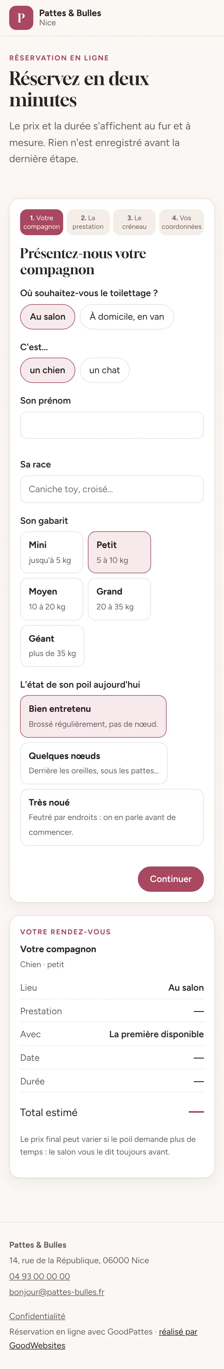 Capture de GoodPattes sur téléphone : la réservation en ligne, étape du compagnon
