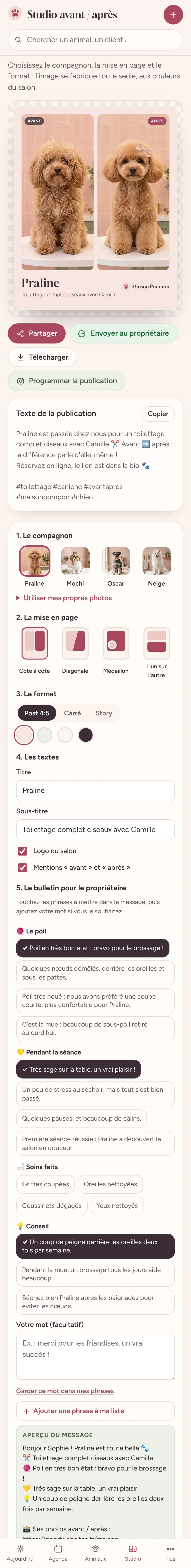 Capture de GoodPattes sur téléphone : le Studio avant / après sur téléphone
