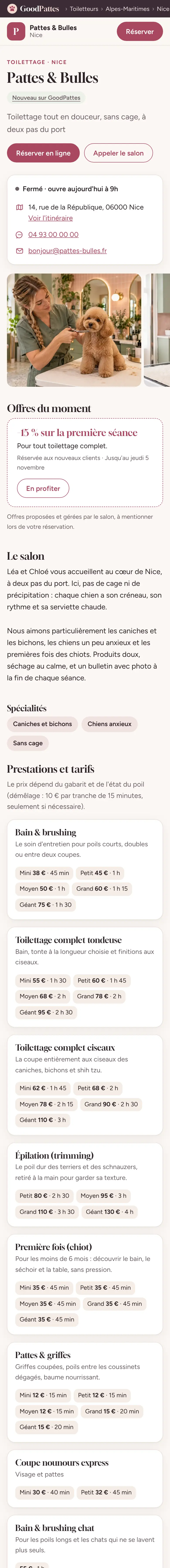 Capture de GoodPattes sur téléphone : la vitrine d'un salon dans l'annuaire goodpattes.fr