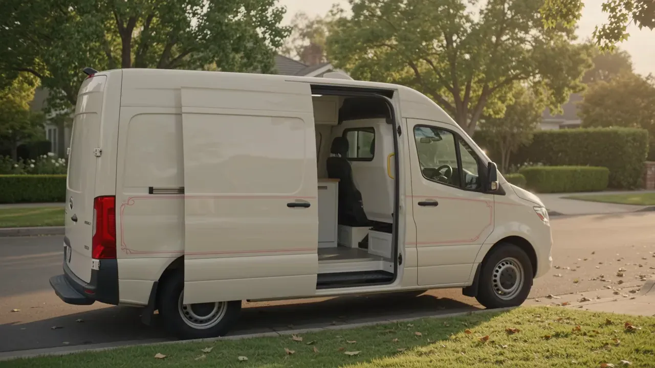 Van de toilettage à domicile garé devant une maison